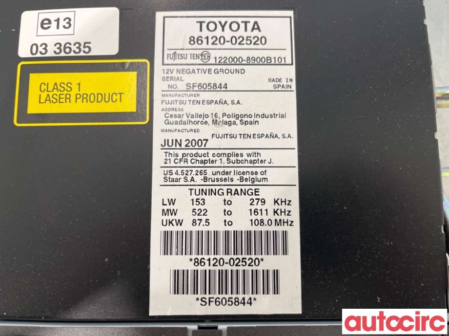 Bilstereo til Toyota Auris 2007-2010 (Type I, Fase 1)  (TOYOTA|8612002520|122000-8900B101|86120-02520)