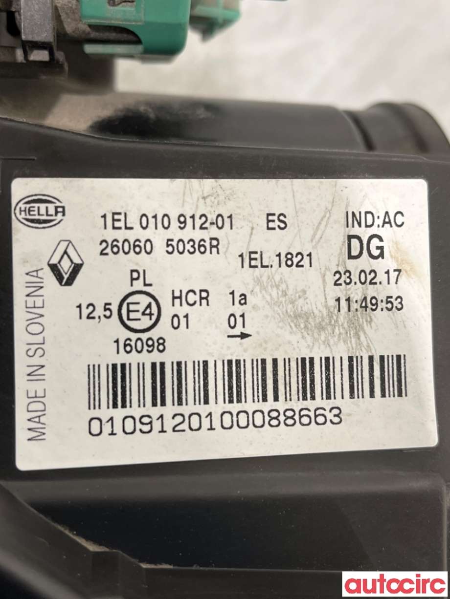 Frontlykt venstre halogen til Renault Zoe 2013-2019 (Fase 1)  (RENAULT|260609522R|)