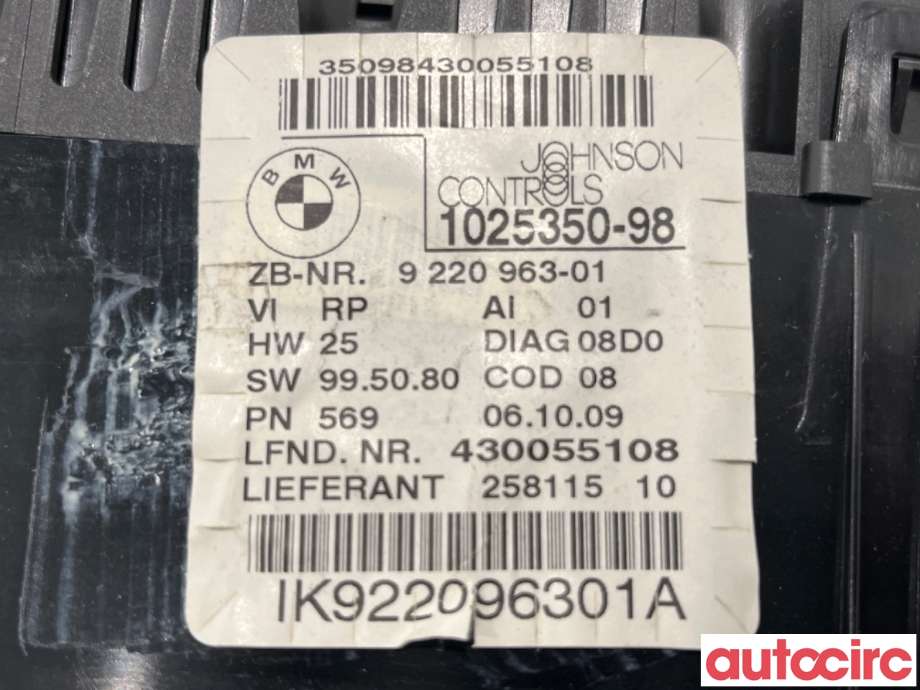 Instrumentpanel til BMW 3-Serie 2005-2011 (E90/E91/E92/E93) (E90/E91/E92/E93) (BMW|62109316127|1025350-98|9220963)