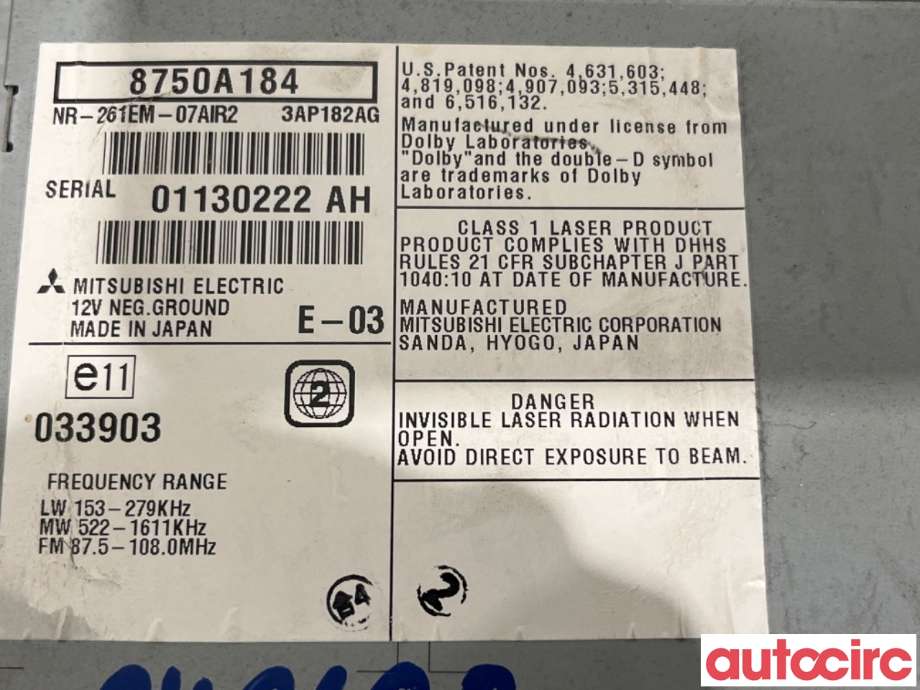 Bilstereo navigasjon til Mitsubishi Outlander 2010-2012 (Type II, Fase 2)  (MITSUBISHI|8750A184|NR-261EM-07AIR2)