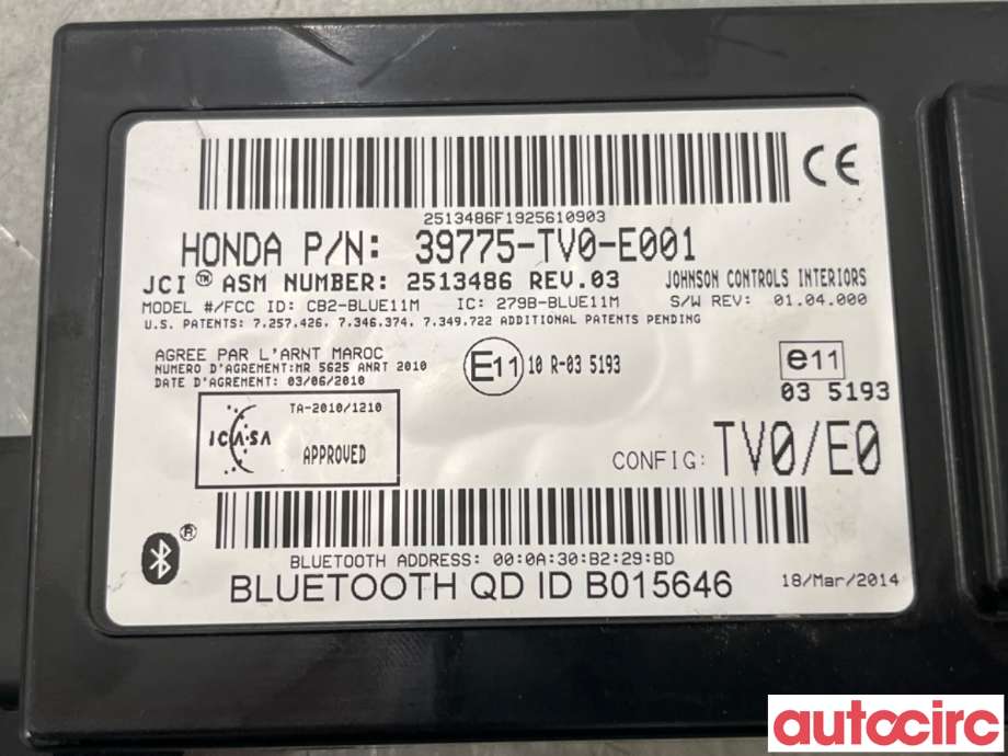 Styreenhet diverse til Honda Civic 2012-2015 (Type IX, Fase 1) (HONDA|39775-TV0-E00|2513486|39775-TV0-E001)