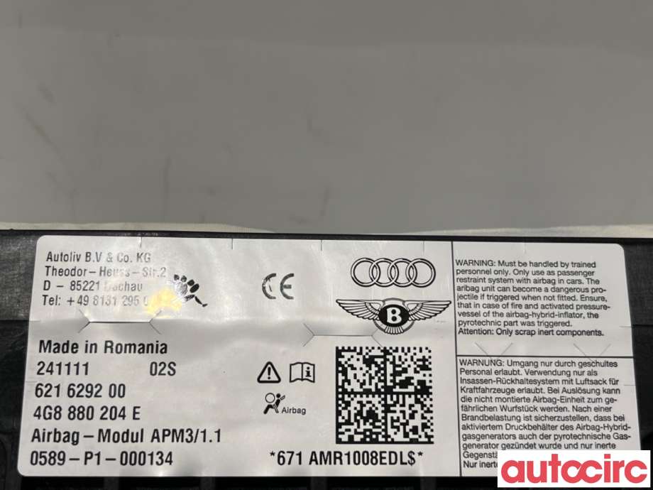 Airbag passasjer til Audi A6 2011-2014 (Type IV, Fase 1) (C7) (C7) (AUDI|4G8880204E|621629200|4G8880204F)