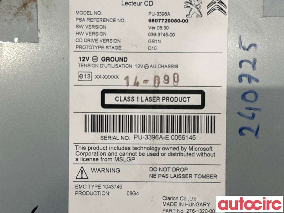 Bilstereo CD-veksler til Peugeot 508 2014-2018 (Type I, Fase 2)  (PEUGEOT|1612522880|1629117780)