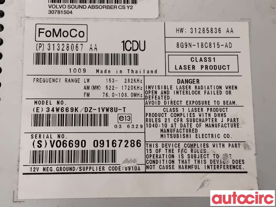 Bilstereo til Volvo V70 2007-2013 (Type III, Fase 1)  (VOLVO|36050930|DZ-1VW8U-T|31285836)