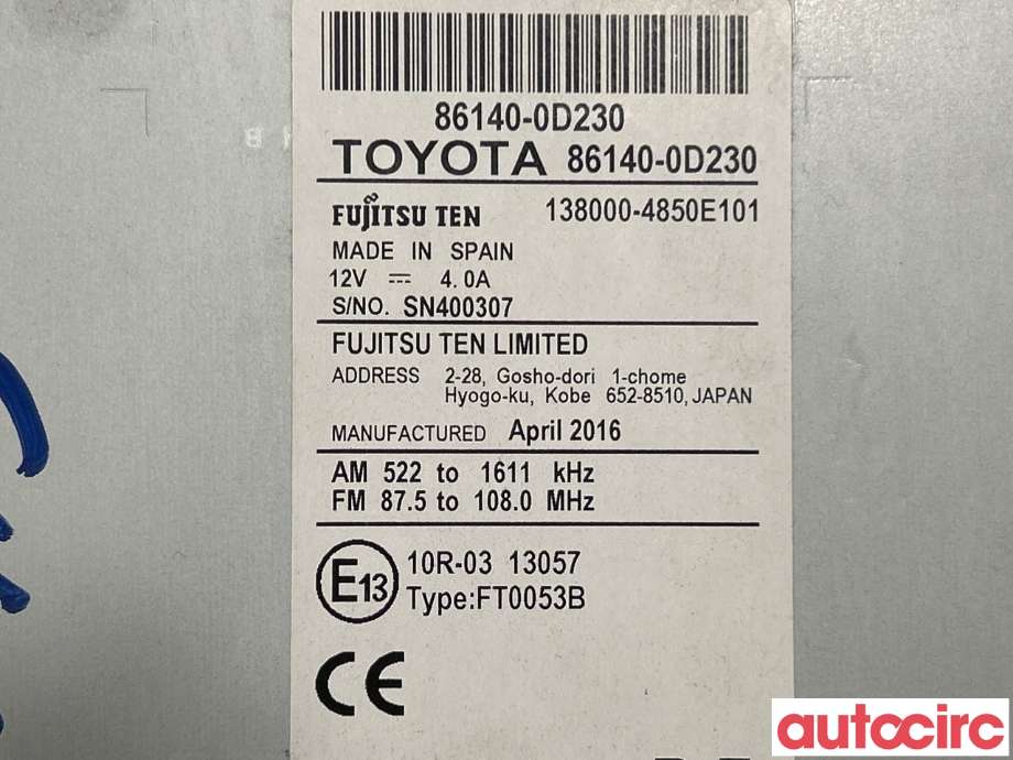 Bilstereo til Toyota Yaris 2014-2020 (Type III, Fase 2)  (TOYOTA|861400D230)