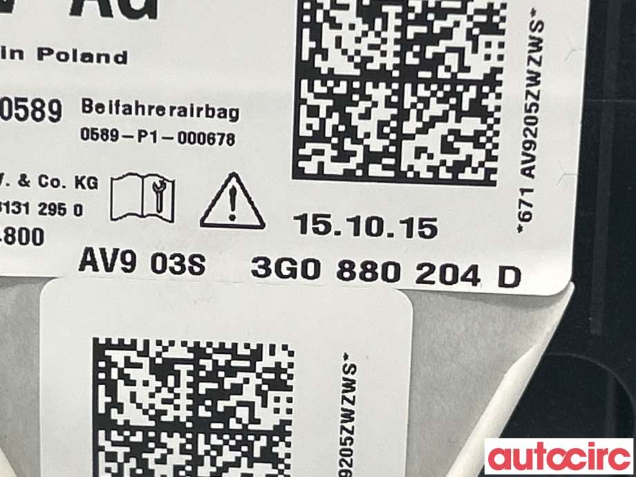 Airbag passasjer til VW Passat 2015-2019 (Fase 1) (B8) (B8) (VOLKSWAGEN|3G0880204F)