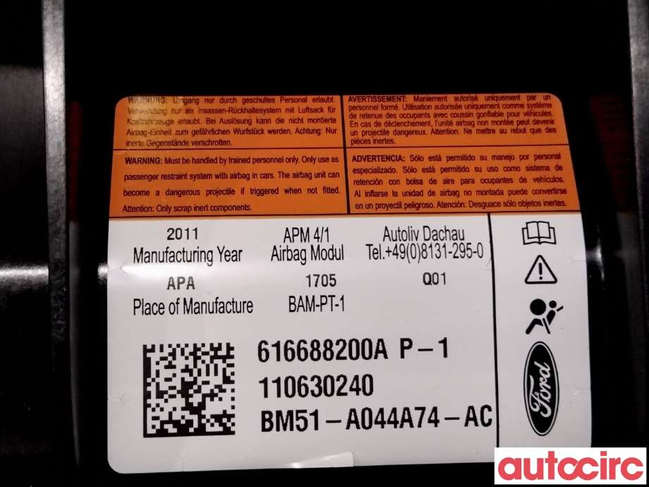 Airbag passasjer til Ford Focus 2011-2014 (Type III, Fase 1) (FORD|1780159|616688200A|BM51-A044A74-AC)