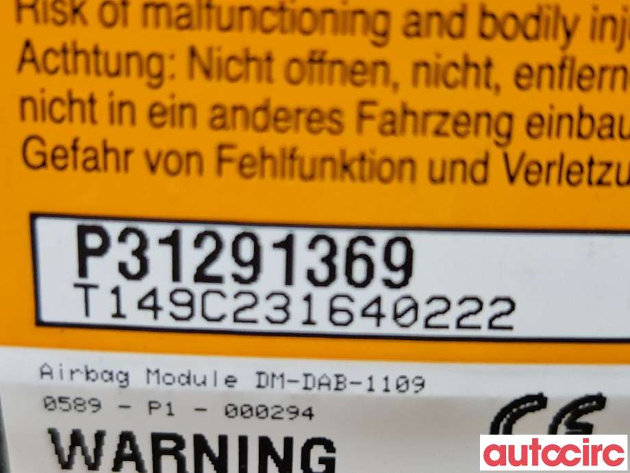 Airbag rattpute til Volvo V40 2012-2019  (VOLVO|31291369|)