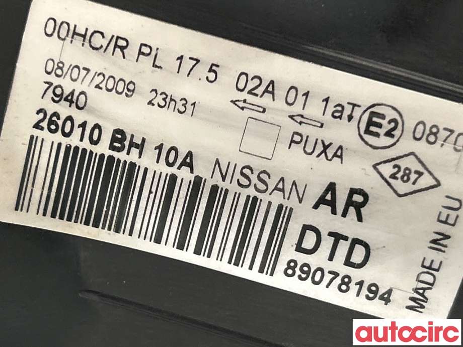 Frontlykt høyre halogen til Nissan Note 2006-2013 (Type I)  (NISSAN|26010BH10A)
