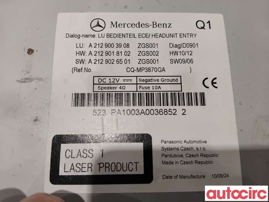 Bilstereo til Mercedes E-Klasse 2009-2013 (Fase 1) (W212) (W212) (MERCEDES|A2129004910|CQ-MP3870GA|A2129003908)