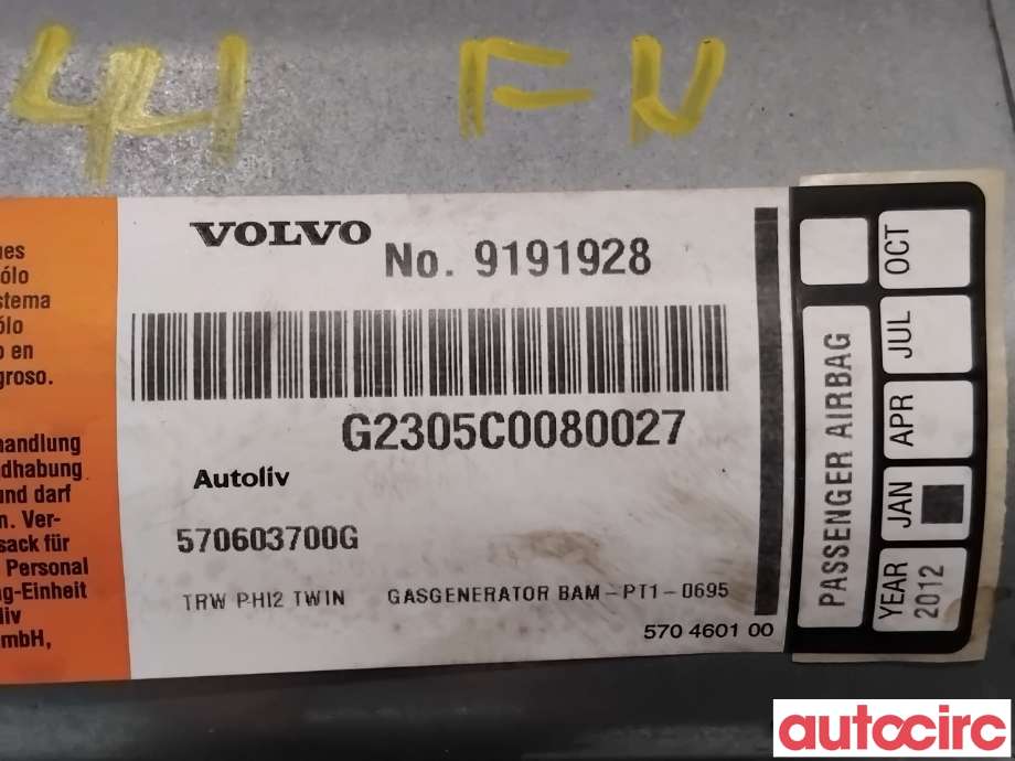 Airbag passasjer til Volvo XC70 2001-2004 (Type I, Fase 1)  (VOLVO|NO NR||9191928)