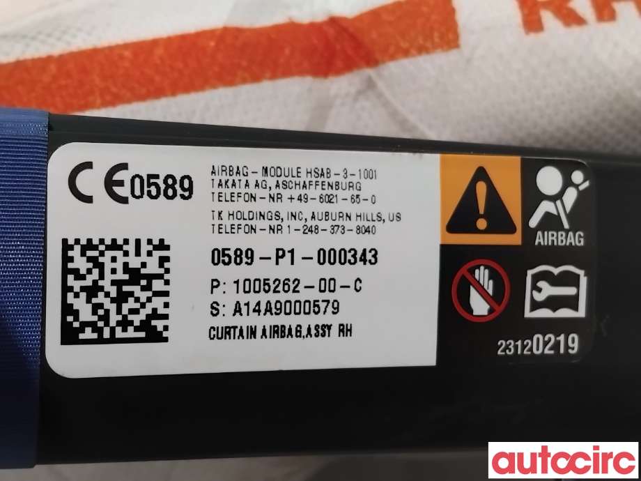 Airbag gardin høyre til Tesla Model S 2013-2016 (Fase 1)  (TESLA|1005262-00-D||1005262-00-C)