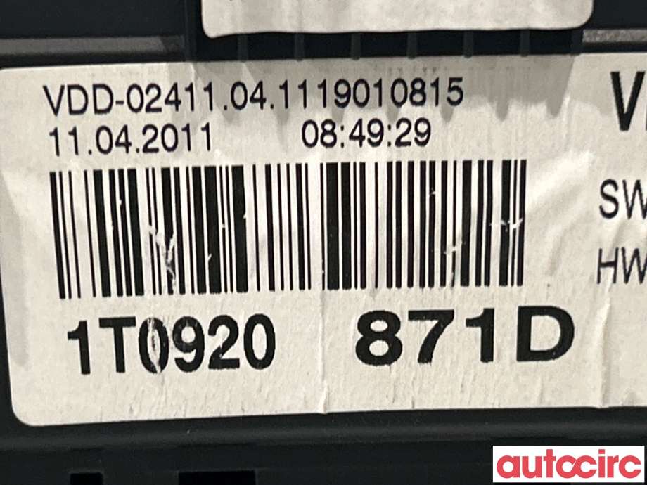 Instrumentpanel til VW Touran 2010-2015 (Type I, Fase 3)  (VOLKSWAGEN|1T0920871D)