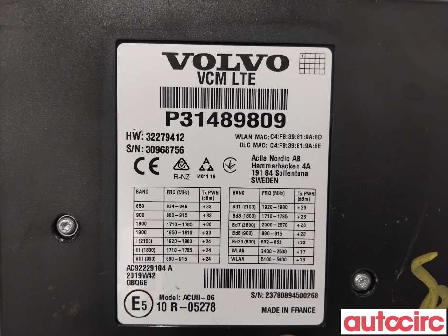 Dashbord telefon til Volvo V60 / V60 CC 2018-->> (Type II)  (VOLVO|36003310|AC92229104A|32279412)