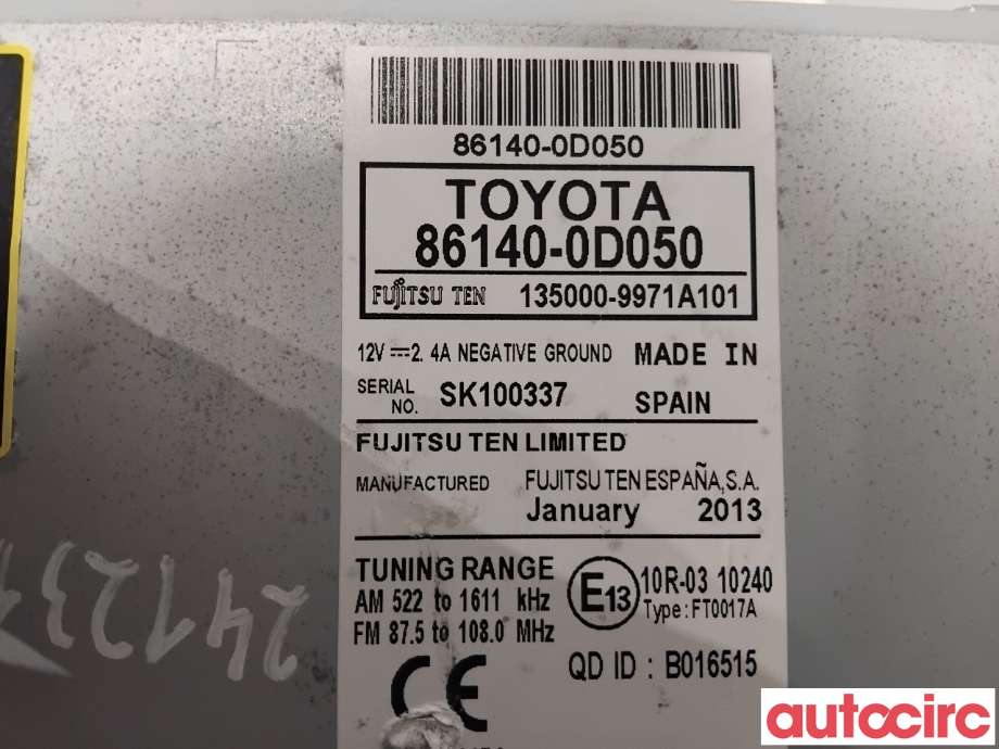 Bilstereo navigasjon til Toyota Yaris 2012-2014 (Type III, Fase 1)  (TOYOTA|861400D050|135000-9971A101|86140-0D050)