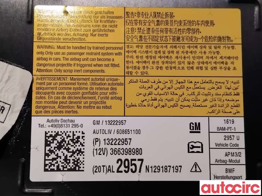 Airbag passasjer til Opel Insignia A 2009-2014 (OPEL|13222957|366398980|20955173)