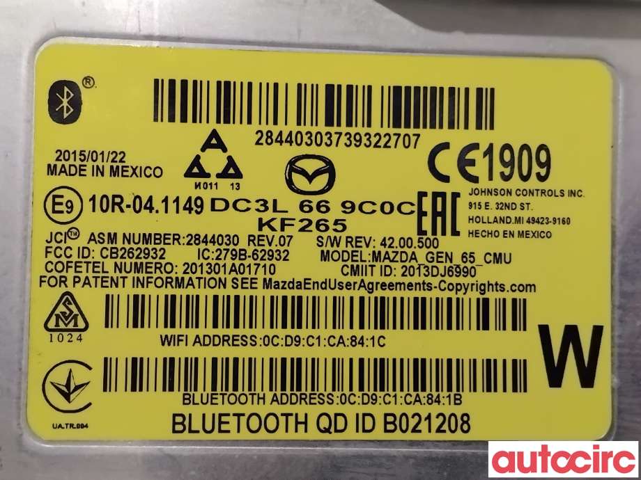 Styreenhet bluetooth til Mazda 2 2015-2019 (Type III, Fase 1) (MAZDA|BADE-66-9C0L|KF256|DC3L669C0C)