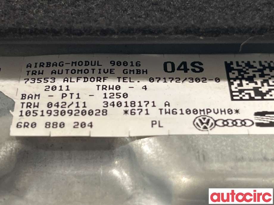 Airbag passasjer til VW Polo 2009-2014 (Type V, Fase 1)  (VOLKSWAGEN|6R0880204)