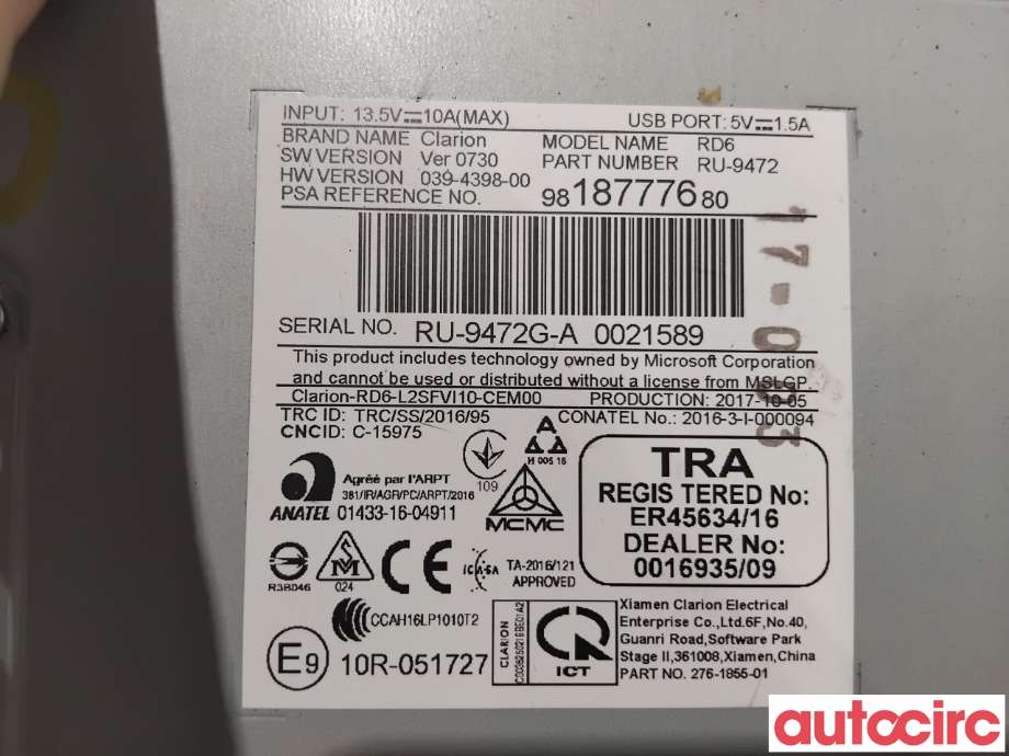 Bilstereo til Peugeot Expert 2016-->> (Type III)  (PEUGEOT|1628704880|RU-9472|9818777680)