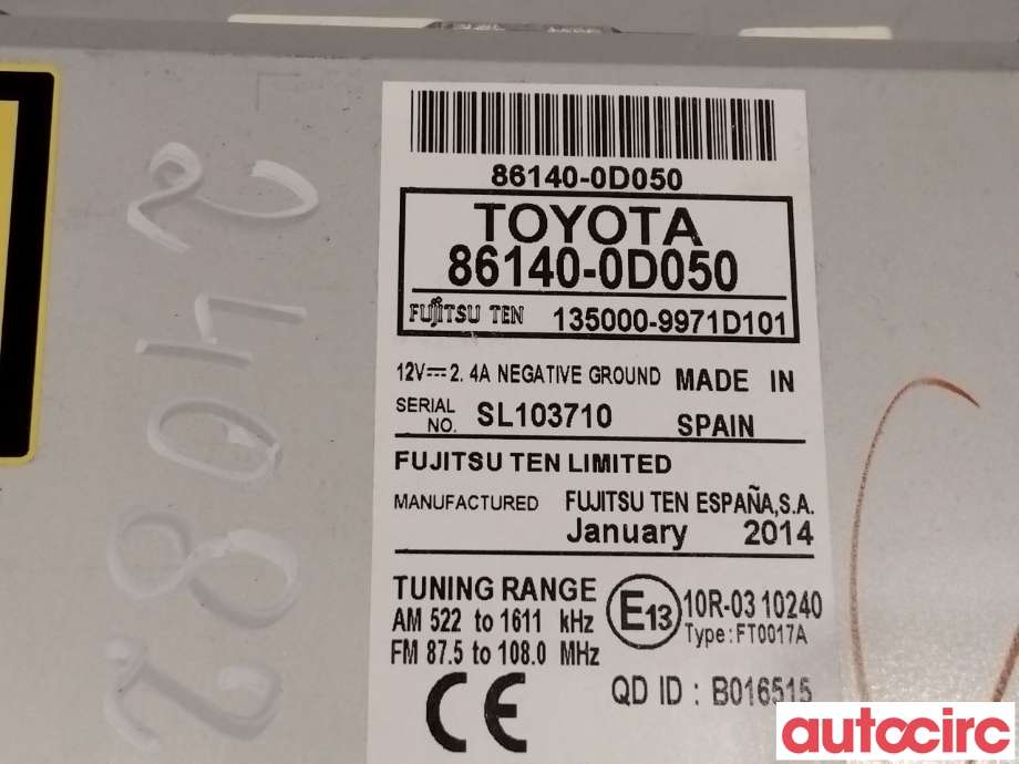 Bilstereo til Toyota Yaris 2012-2014 (Type III, Fase 1)  (TOYOTA|861400D050)