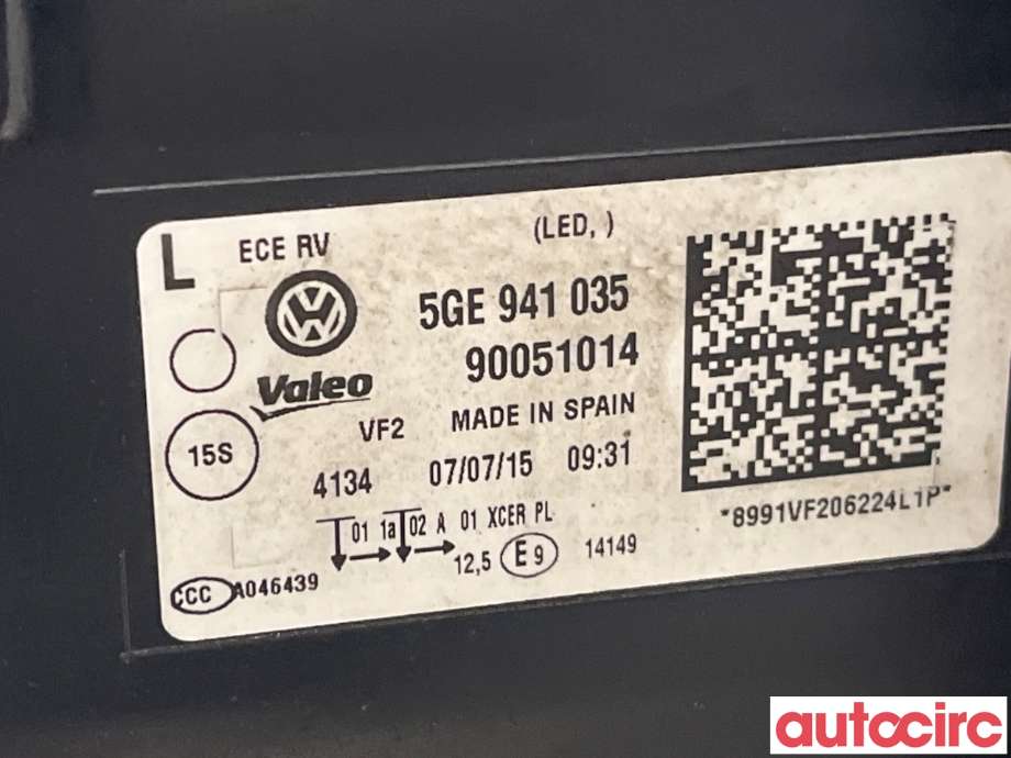 Frontlykt venstre halogen til VW e-Golf 2014-2017 (Fase 1)  (VOLKSWAGEN|5GE941773|90051014|5GE941035)