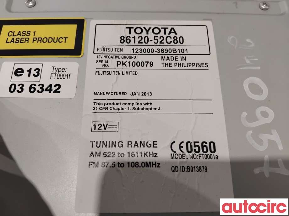 Bilstereo til Toyota Urban Cruiser 2009-2014  (TOYOTA|8612052C80|123000-3690B101|86120-52C80)