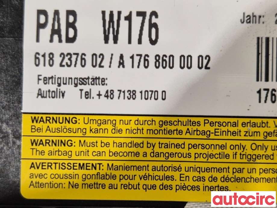 Airbag passasjer til Mercedes A-Klasse 2012-2018 (W176) (W176) (MERCEDES|A1768600002|618237602)