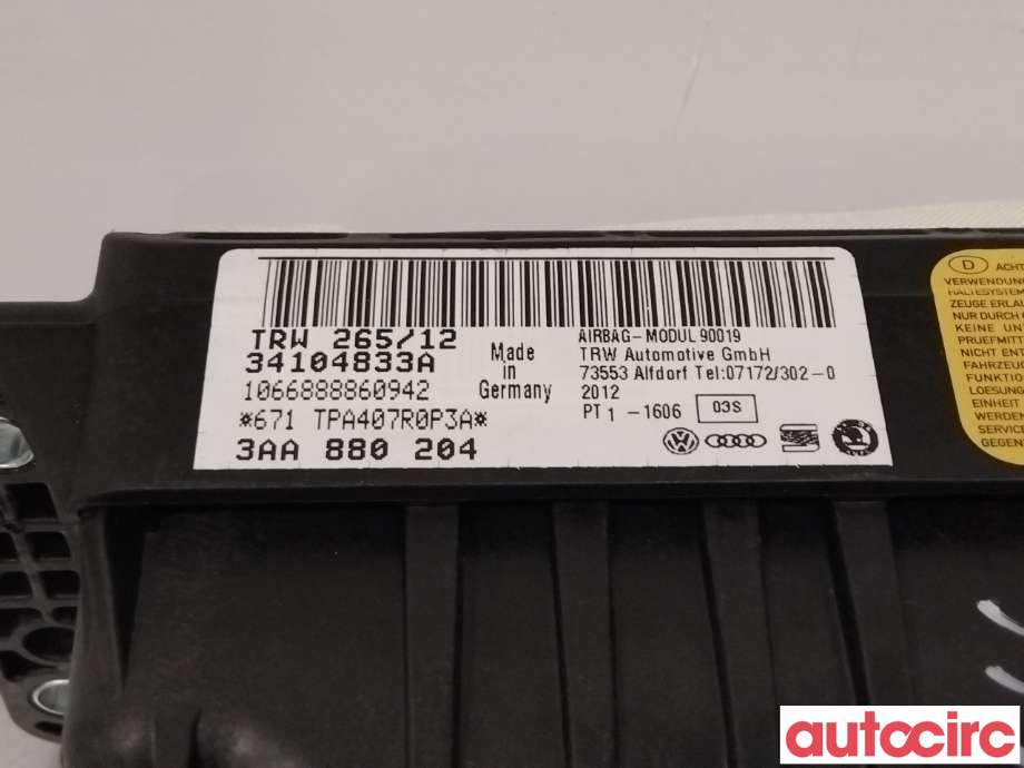 Airbag passasjer til VW Caddy 2010-2015 (Type III, Fase 2)  (VOLKSWAGEN|3AA880204|3AA880204B)