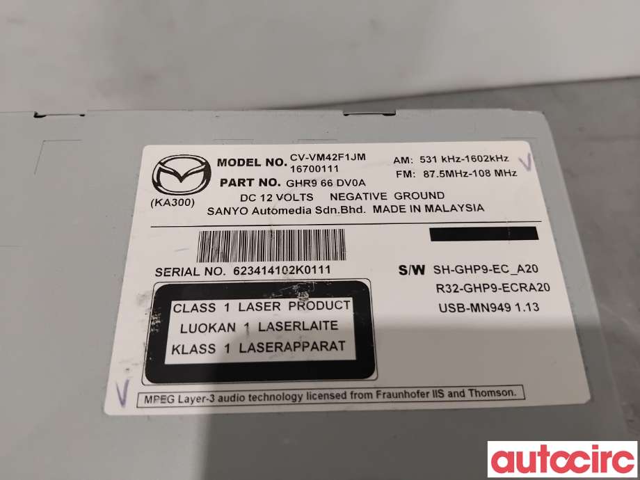 Bilstereo til Mazda 6 2013-2015 (Type III, Fase 1)  (MAZDA|GHR9-66-DV0C|CV-VM42F1JM|GHR966DV0A)