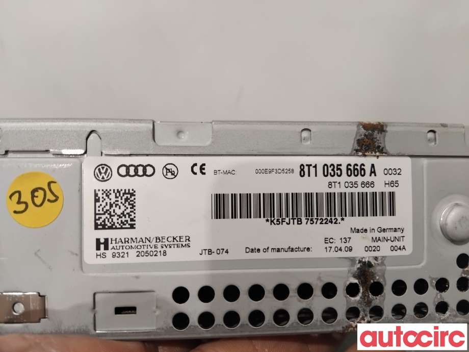 Bilstereo navigasjon til Audi Q5 2008-2012 (Type I, Fase 1)  (AUDI|8T1035666JX|HS9321|8T1035666A)