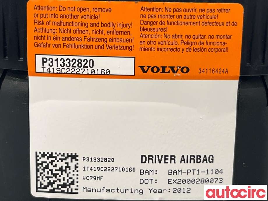 Airbag rattpute til Volvo XC70 2008-2013 (Type II, Fase 1)  (VOLVO|31332820)