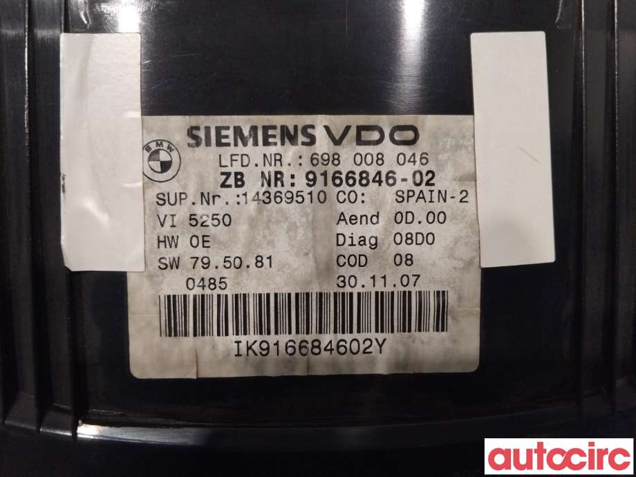 Instrumentpanel til BMW 3-Serie 2005-2011 (E90/E91/E92/E93) (E90/E91/E92/E93) (BMW|62109316127|)