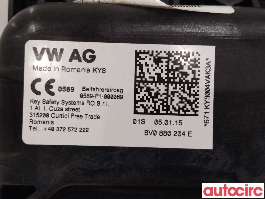 Airbag passasjer til Škoda Octavia 2013-2016 (Type III, Fase 1)  (SKODA|8V0880204E||8V0880204M)