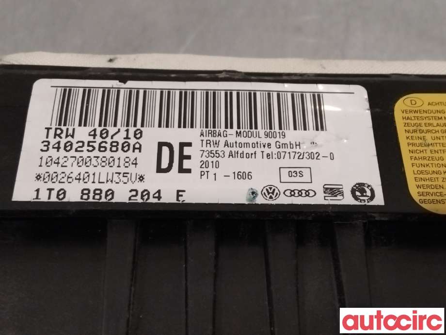 Airbag passasjer til VW Caddy 2004-2010 (Type III, Fase 1)  (VOLKSWAGEN|1T0880204Ø|)