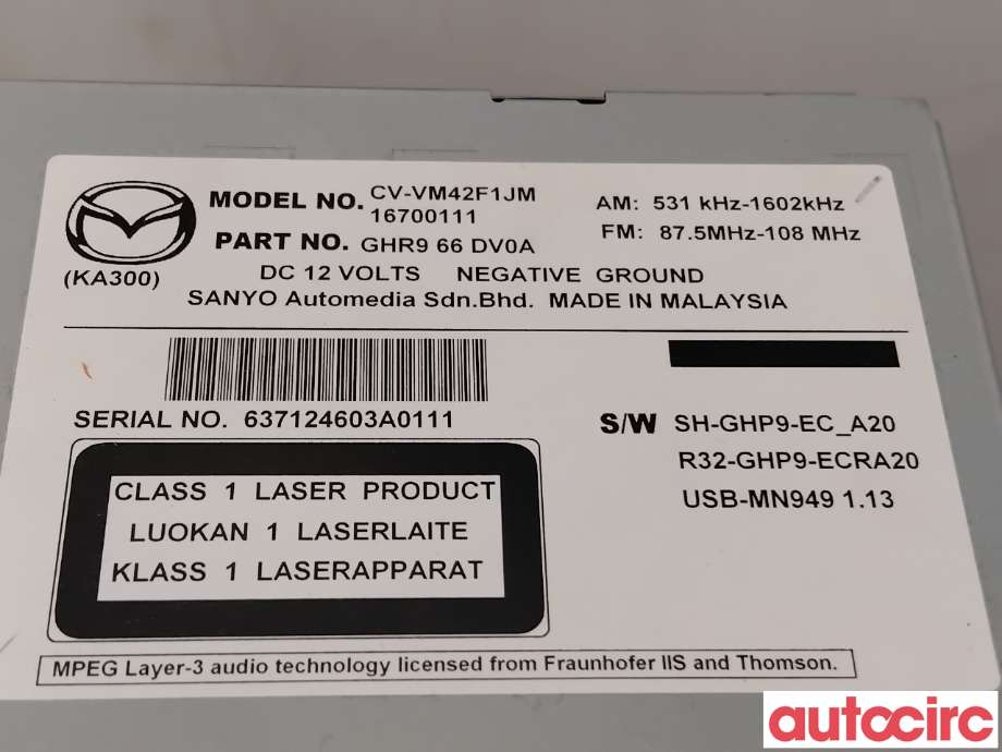 Bilstereo til Mazda 6 2013-2015 (Type III, Fase 1)  (MAZDA|GHR9-66-DV0C|CV-VM42F1JM|GHR966DV0A)