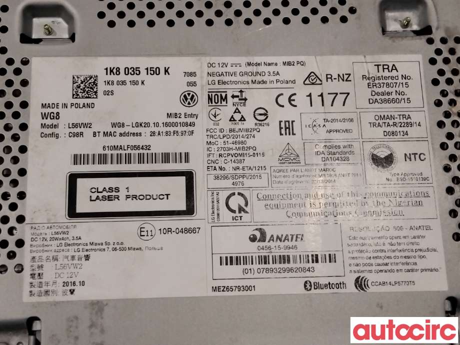 Bilstereo til VW Transporter / Caravelle 2015-2019 (T6) (T6) (VOLKSWAGEN|1K8035150K|)