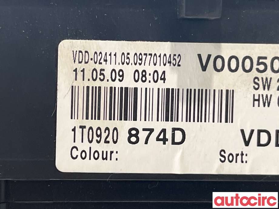 Instrumentpanel til VW Touran 2007-2010 (Type I, Fase 2)  (VOLKSWAGEN|1T0920874)