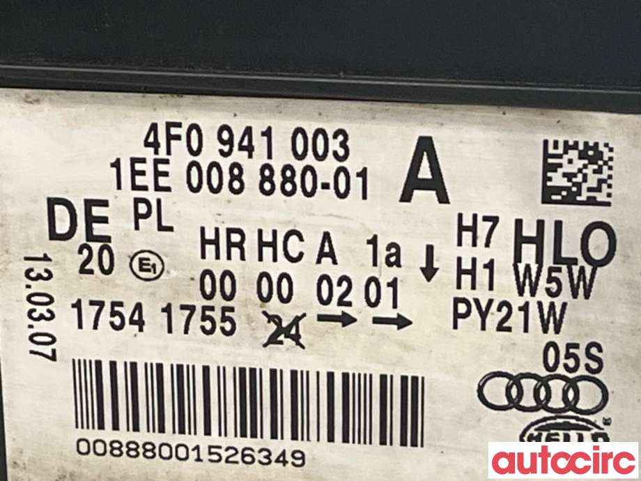 Frontlykt venstre halogen til Audi A6 2005-2008 (Type III, Fase 1) (C6) (C6) (AUDI|4F0941003EA||4F0941003A)