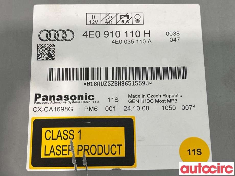 Bilstereo CD-veksler til Audi A6 2008-2011 (Type III, Fase 2) (C6) (C6) (AUDI|4E0035110A|4E0057110HX|4E0910110H)