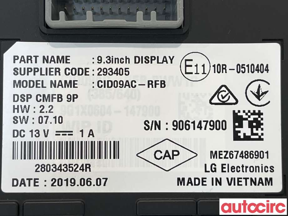 Multimedia display (MCU - Media Controller Unit) til Renault Zoe 2013-2019 (Fase 1) (RENAULT|280912149R)