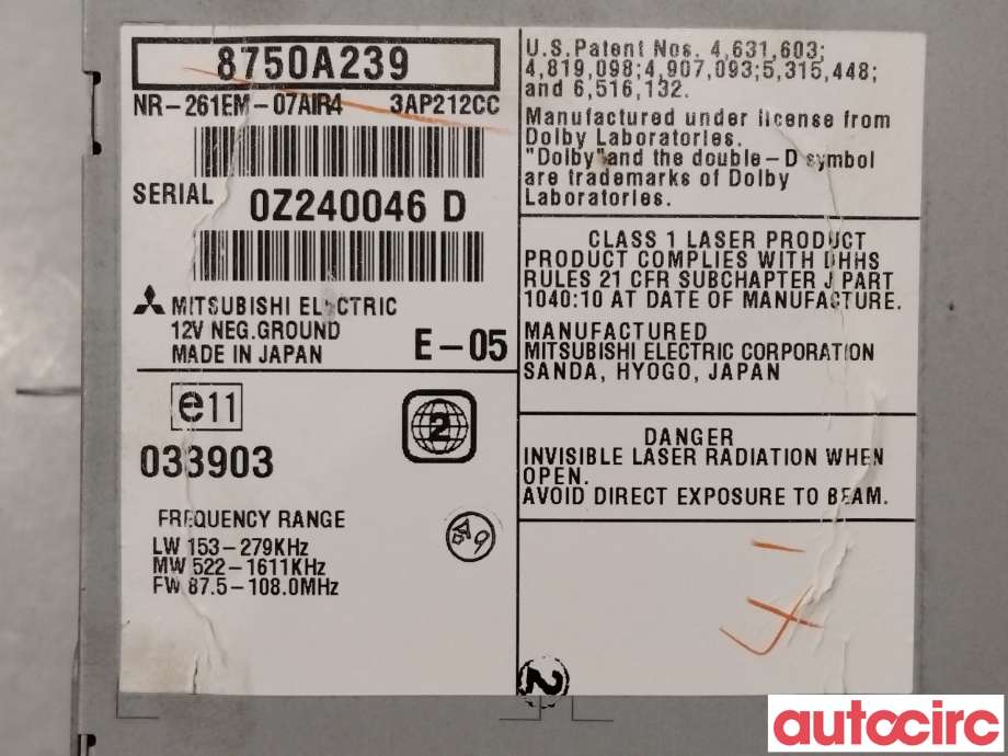 Bilstereo navigasjon til Mitsubishi Outlander 2010-2012 (Type II, Fase 2)  (MITSUBISHI|8750A239)