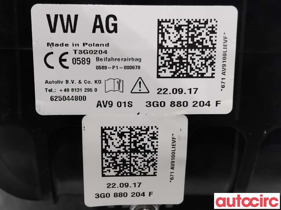 Airbag passasjer til VW Passat 2015-2019 (Fase 1) (B8) (B8) (VOLKSWAGEN|3G0880204F|625044800|3G0880204H)
