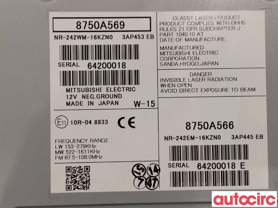 Bilstereo navigasjon til Mitsubishi Outlander 2015-->> (Type III, Fase 2)  (MITSUBISHI|8750A569|NR-242WM-16KZN0)