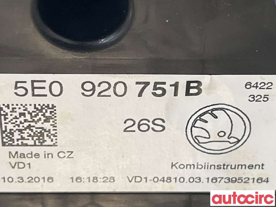 Instrumentpanel til Škoda Octavia 2013-2016 (Type III, Fase 1)  (SKODA|5E0920751B|)