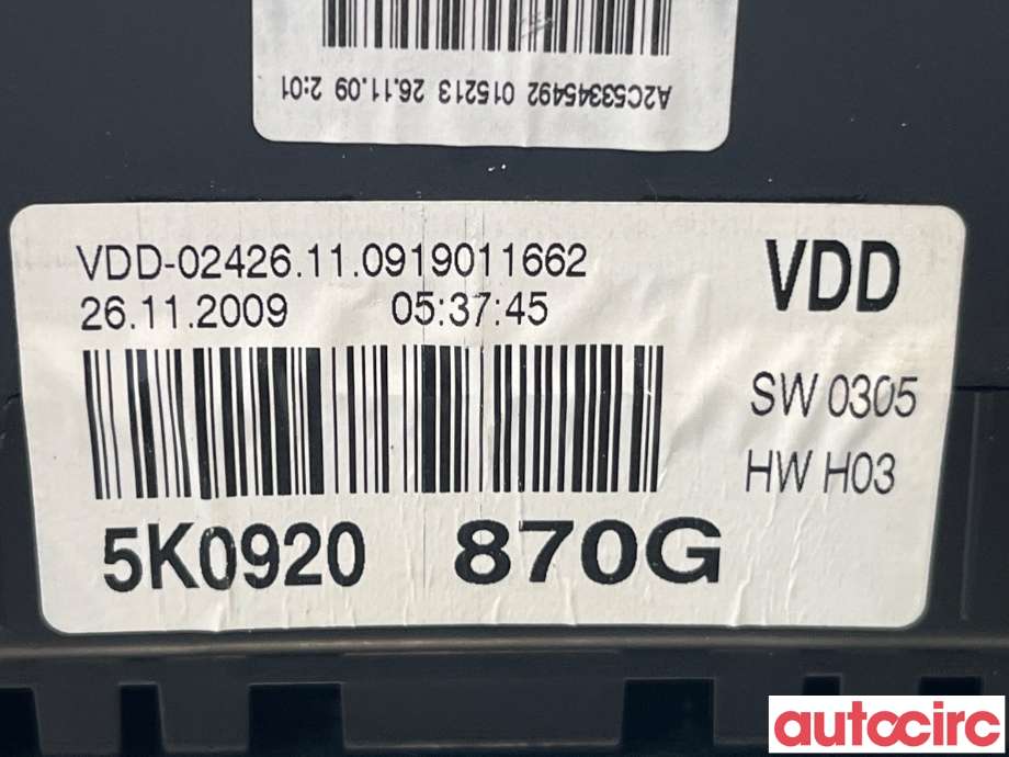 Instrumentpanel til VW Golf VI 2008-2012  (VOLKSWAGEN|5K0920870GX|5K0920870G)