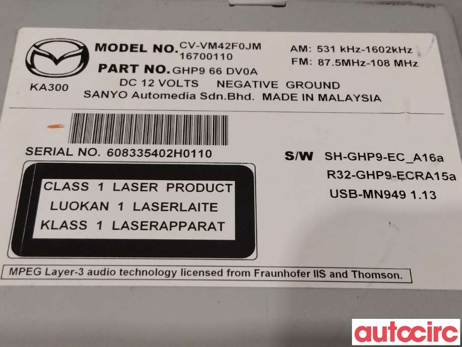 Bilstereo til Mazda 6 2013-2015 (Type III, Fase 1)  (MAZDA|GHR9-66-DV0C|)