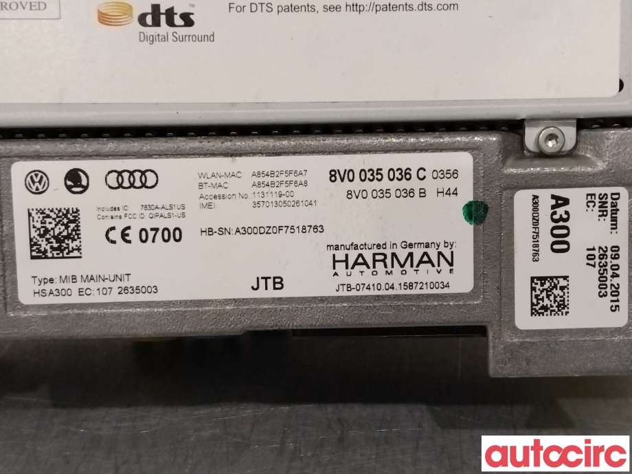 Bilstereo CD-veksler til Audi A3 2012-2016 (Type III, Fase 1) (AUDI|8V0035036C|)