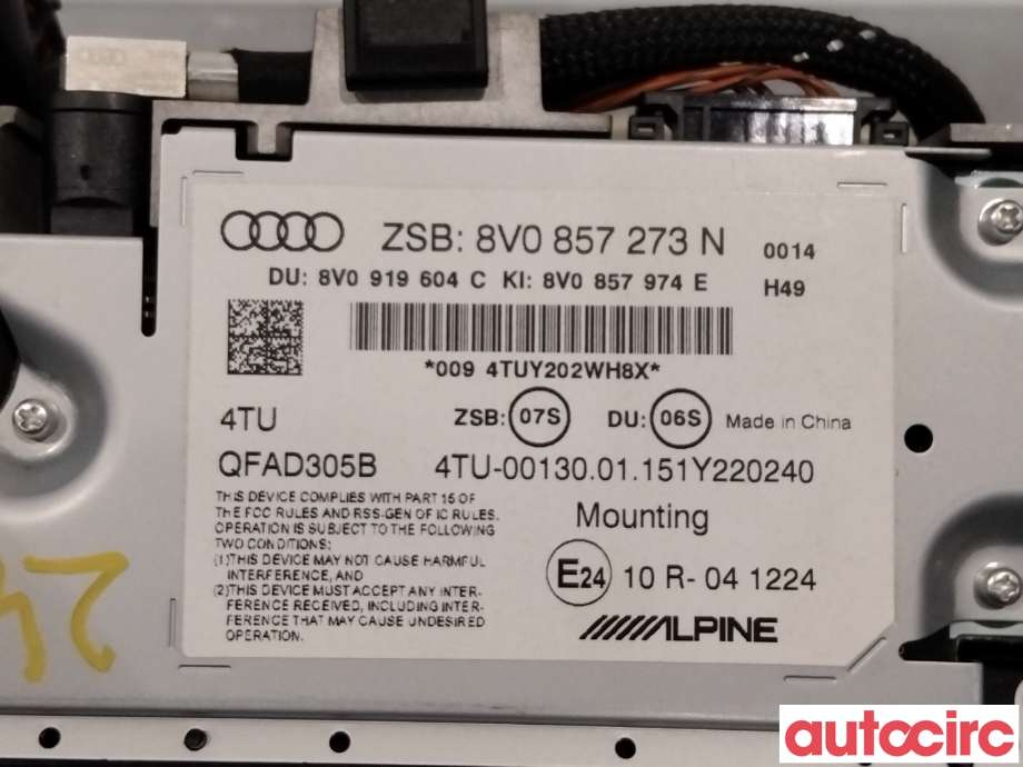 Multimedia display (MCU - Media Controller Unit) til Audi A3 2012-2016 (Type III, Fase 1) (AUDI|8V0919604C|QFAD305B|8V0857273N)