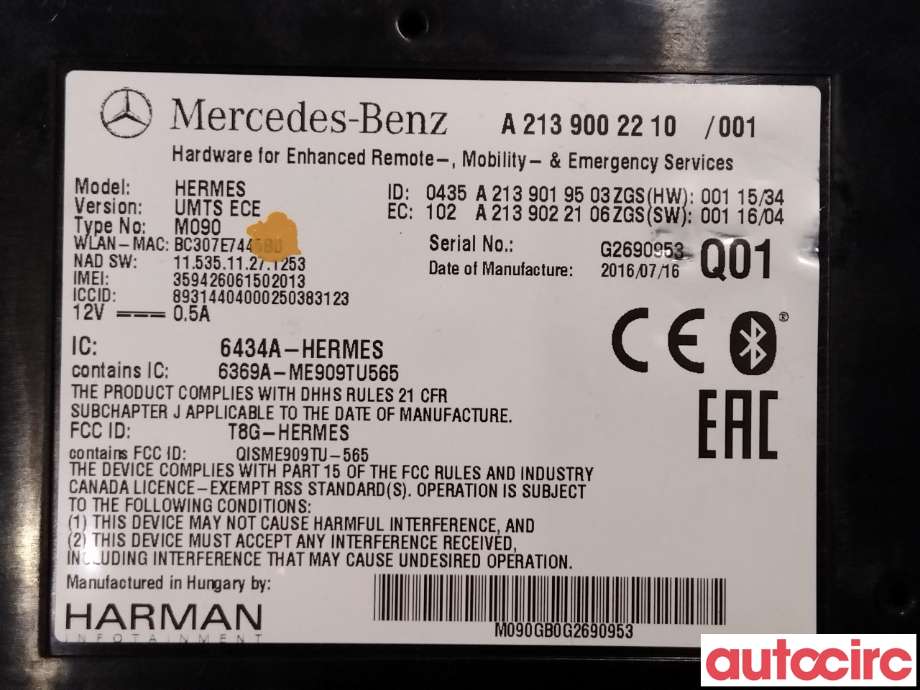 Styreenhet bluetooth til Mercedes B-Klasse 2011-2018 (W246) (W246) (MERCEDES|A2139002210|)
