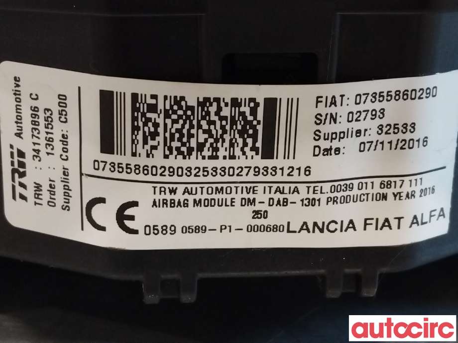 Airbag rattpute til Peugeot Boxer 2014-->> (Type III, Fase 2)  (PEUGEOT|1659791880|1612344180|34173896C)